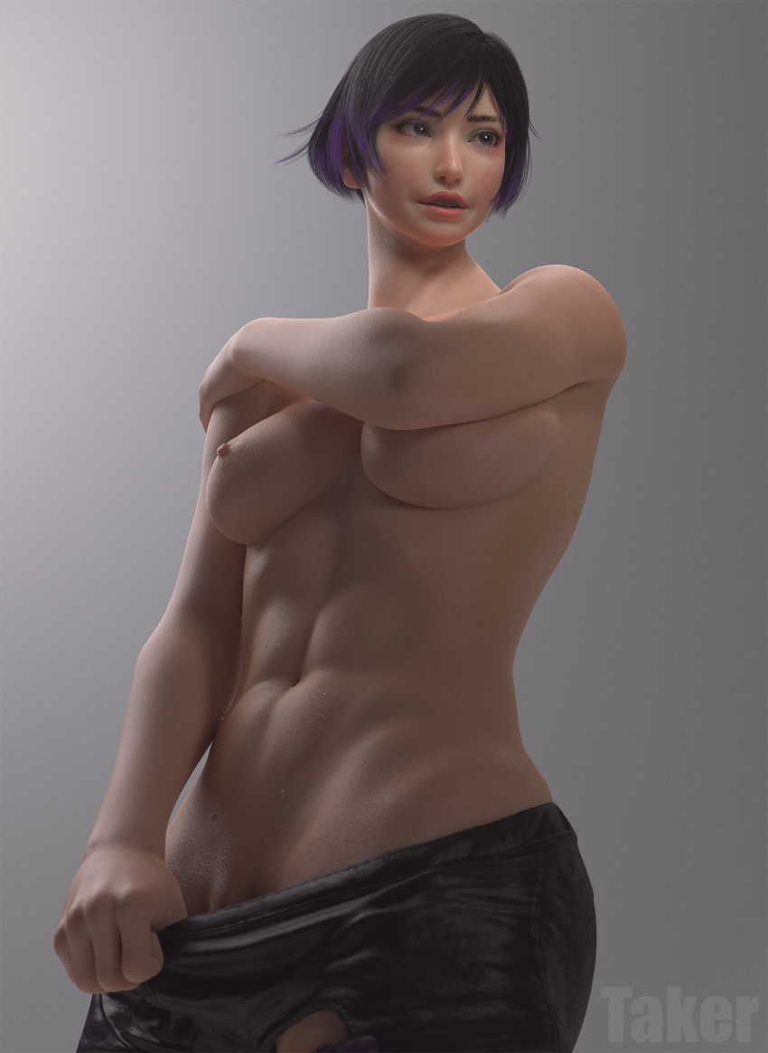 1girl 3d abs alluring areola athletic_female black_and_purple_hair blue_eyes covering_breasts covering_self exposed_breasts eyeshadow female_abs female_only fit_female front_view lipstick looking_to_the_side makeup medium_breasts namco nipples nopan open_mouth partially_visible_vulva reina_(tekken) removing_clothing removing_shorts short_hair shorts shorts_only shorts_pull simple_background slight_smile small_head takerskiy tekken tekken_8 tomboy topless topless_female undressing water_droplets