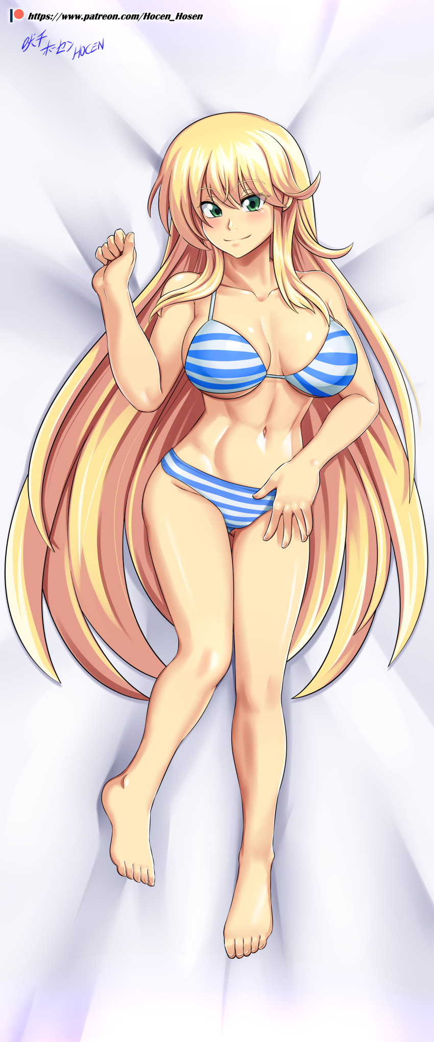 1girl alluring artist_name athletic_female bare_legs barefoot big_breasts bikini blonde_hair dakimakura female_abs fit_female green_eyes hocen katsuragi_(senran_kagura) senran_kagura