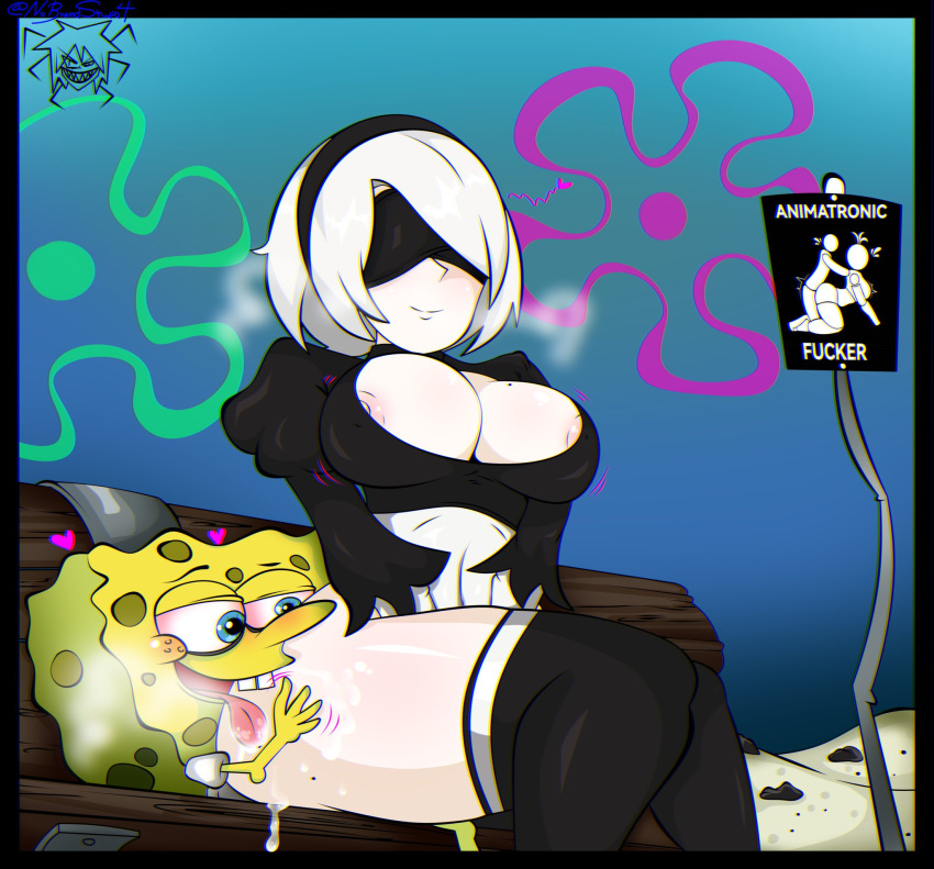 1boy 1girl 2b_(nier:automata) ass nier:automata nier_(series) presenting sexually_suggestive short_hair spongebob_squarepants spongebob_squarepants_(series) white_hair