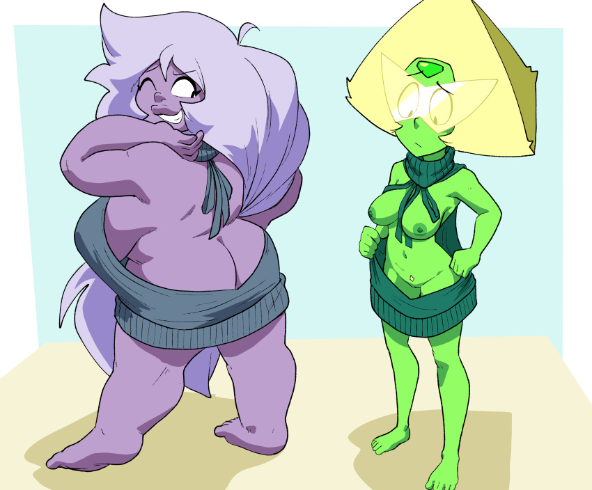 2_girls amethyst_(steven_universe) ass ass_cleavage bbw breasts butt_crack curvy green_hair inkershike multiple_girls peridot_(steven_universe) purple_skin reverse_virgin_killer_sweater shortstack standing steven_universe virgin_killer_sweater wardrobe_malfunction