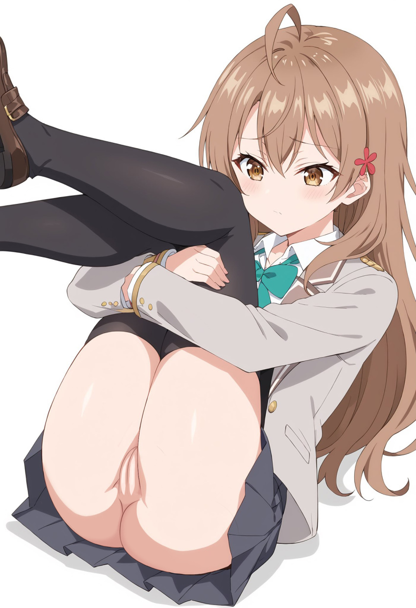 ass bare_legs bottomless brown_eyes brown_hair legs_up long_hair mariya_mikhailovna_kujou no_panties pussy school_uniform tokidoki_bosotto_roshia-go_de_dereru_tonari_no_alya-san