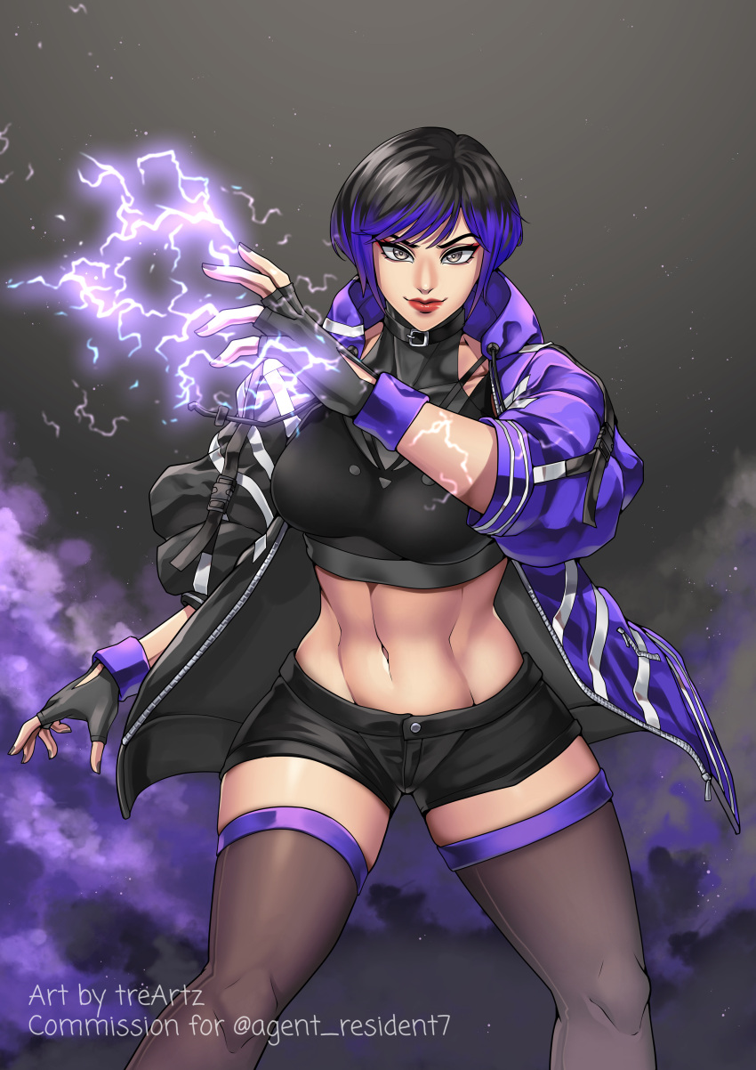 1girl 1girl 1girl abs alluring athletic athletic_female big_breasts black_clothing black_hair choker electricity female_only fingerless_gloves fit_female gradient_hair jacket light-skinned_female light_skin midriff namco painted_fingernails painted_nails purple_clothing purple_hair reina_(tekken) short_hair shorts solo_female stockings stockings tekken tekken_8 thotlerrr toned toned_body toned_female toned_stomach treartz