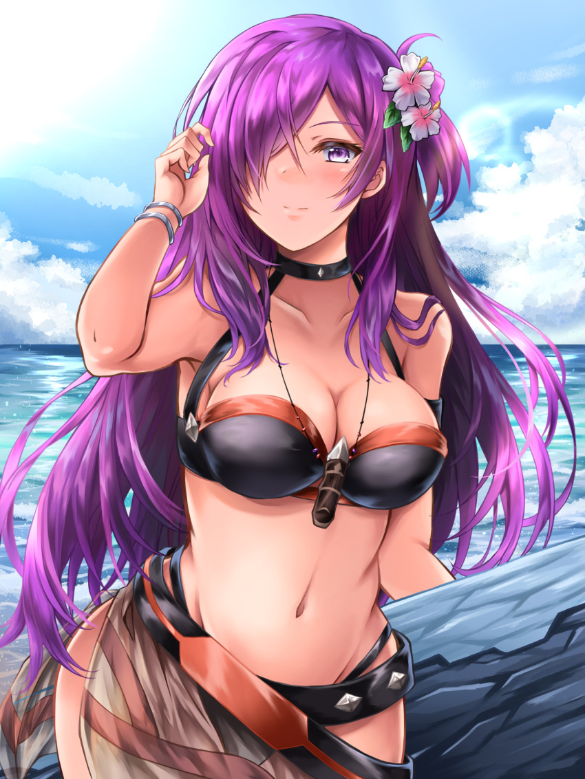 1girl 1girl 1girl alluring alternate_costume big_breasts bikini black_bikini black_swimsuit bracelet cleavage female_only fire_emblem fire_emblem:_three_houses fire_emblem_heroes fire_emblem_warriors:_three_hopes flower flower_in_hair hair_over_one_eye high_res kei_(asufend) light-skinned_female light_skin long_hair necklace nintendo official_alternate_costume purple_eyes purple_hair shez_(fire_emblem) shez_(fire_emblem)_(female) shez_(summer)_(fire_emblem)