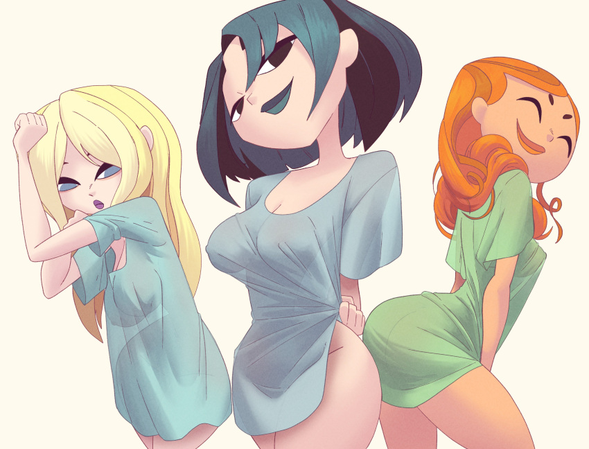 1girl 3_girls big_breasts black_eyes black_hair blonde_hair blue_lipstick bottomless coolerinker cute dawn_(tdi) female_focus female_only ginger_hair goth grey_eyes gwen_(tdi) hourglass_figure inker_comics inkershike izzy_(tdi) lipstick long_hair orange_hair orange_lipstick pale-skinned_female pale_skin purple_lipstick short_hair teal_hair total_drama:_revenge_of_the_island total_drama_island two_tone_hair wide_hips