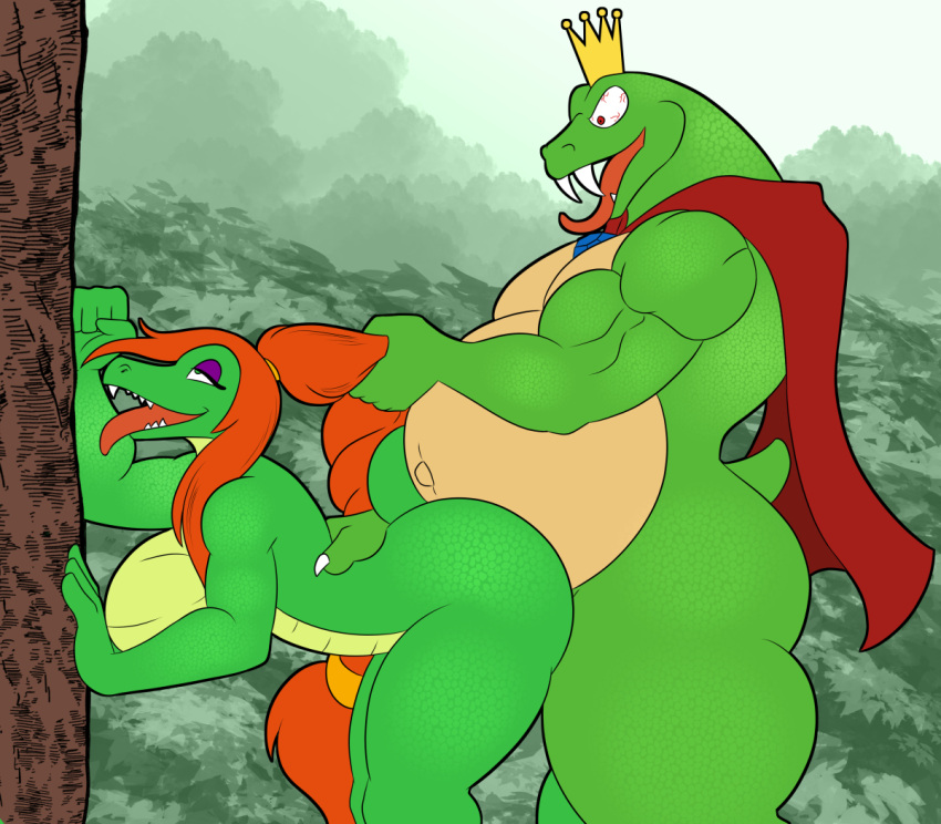 1girl alligator alligatorid anthro anthro_on_anthro big_breasts breasts cape claws clothing crocodilian crown doggy_position donkey_kong_(series) duo fangs female_penetrated from_behind_position green_body hair headgear k_rool kremling looking_pleasured lunarartstudios_(artist) lunis1992 male male/female male_penetrating male_penetrating_female mature_male musclegut muscular muscular_anthro muscular_male nintendo nude open_mouth open_smile orange_hair penetration penile penile_penetration red_eyes reptile scalie sex smile tail teeth thick_thighs tongue tongue_out