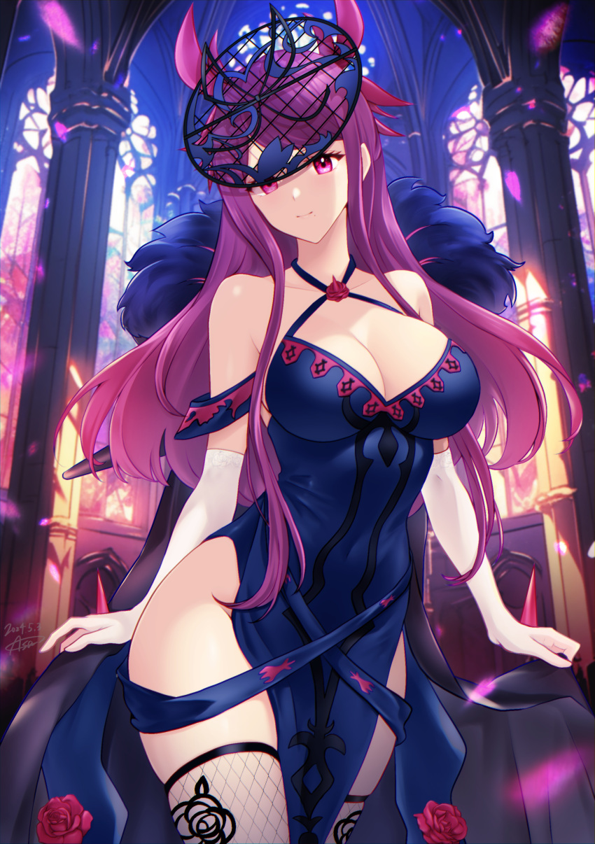 1girl alluring asa_(asakisafe1) bangs bare_shoulders bare_thighs big_breasts church cleavage collarbone dress elbow_gloves fascinator female_only fire_emblem fire_emblem_engage fishnet_legwear fishnets flower gloves ivy_(fire_emblem) long_hair looking_at_viewer nintendo pelvic_curtain pink_eyes purple_hair shoulders skindentation smile stockings thighs very_long_hair window