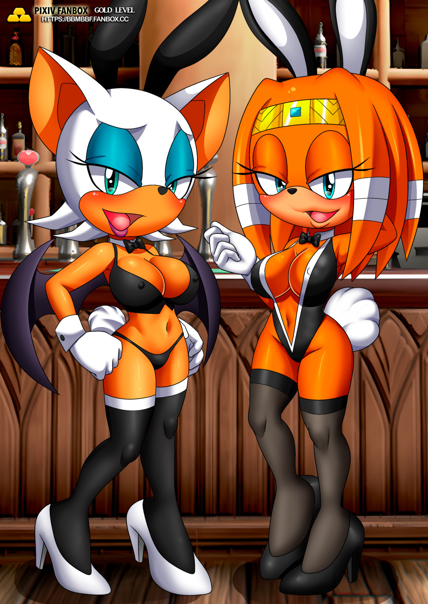 bbmbbf big_breasts big_breasts blush blush bra bunny_ears bunnysuit cameltoe erect_nipples eyeshadow headband high_heels horny lipstick looking_at_viewer makeup mobius_unleashed orange_fur palcomix panties rouge_the_bat sega sega sonic_the_hedgehog_(series) tikal_the_echidna white_fur