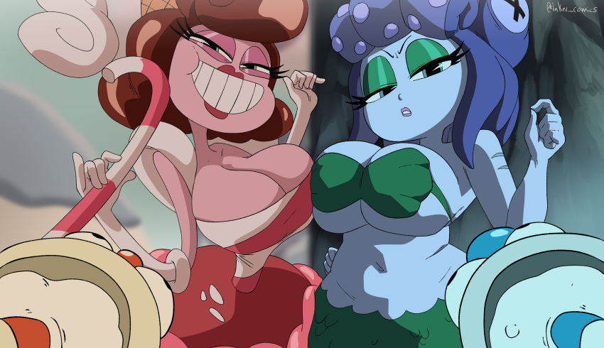 1girl 2_girls 2boys absurd_res anthro baroness_von_bon_bon big_breasts big_breasts blue_eyes breasts cala_maria cleavage coolerinker cuphead cuphead_(game) female_focus females high_res huge_breasts inker_comics inkershike looking_at_viewer mugman pac-man_eyes the_cuphead_show top_heavy wide_hips