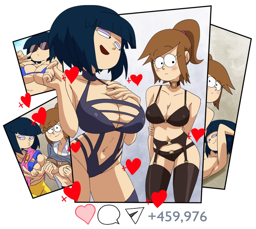 1girl 2_girls belly belly_button big_breasts bikini bikini_top black_eyes blue_bra blue_shirt blush bra bra_lift breasts bridgette_hashima brown_hair cleavage close_enough coolerinker emily_ramc3adrez eyelashes eyeshadow female_only garter_belt inker_comics inkershike lingerie multiple_girls panties pink_shirt shirt_lift sunglasses swimsuit tights underwear yellow_pants