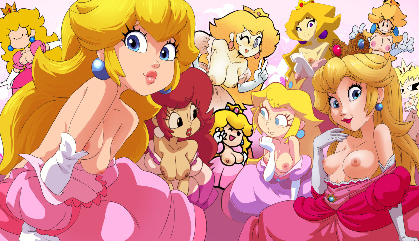 1girl 2d 6+girls :3 absurd_res accurate_art_style bare_shoulders bedroom_eyes big_breasts big_breasts bigarmybug_(style) blonde_hair blue_eyes blush breasts breasts_out brooch brown_hair collarbone color coolerinker crown dress dress_down earrings edit egoraptor_(style) elbow_gloves erect_nipples female_only frills funnyhoohooman gloves happy high_res human ignorance_is_bliss inker_comics inkershike jewelry leaning_forward lips lipstick long_hair looking_at_viewer low_poly makeup mario_(series) medium_breasts mini_crown mrcbleck multiple_girls multiple_persona narrowed_eyes nintendo nipples no_bra off_shoulder on_model open_mouth paper_peach parody pink_dress pink_lips princess_peach princess_peach_(starbomb) princess_toadstool pringus_mcdingus puffy_short_sleeves puffy_sleeves red_lips sakura_tamakichi_(style) seductive seductive_look seductive_smile shirt_down short_sleeves skinny slim slim_waist small_waist smile square_crossover style_parody super_mario_64 super_mario_adventures super_mario_bros. super_mario_bros._(2023_film) the_super_mario_bros._super_show! thin thin_waist underwear undressing v v_sign white_gloves youtube