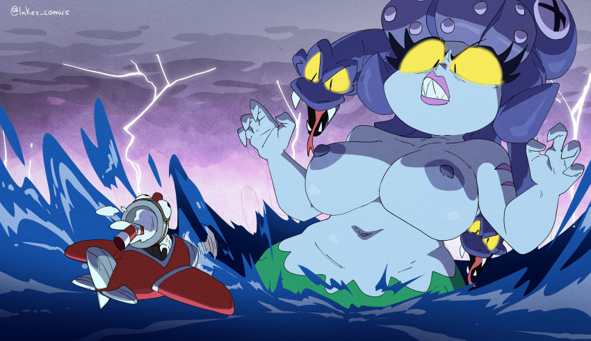 1boy 1girl angry breasts cala_maria coolerinker cup cuphead cuphead_(game) fish_tail green_skin huge_breasts inker_comics inkershike male male/female mermaid nipples nude plane purple_hair sea sharp_teeth snake storm wide_eyed yellow_eyes