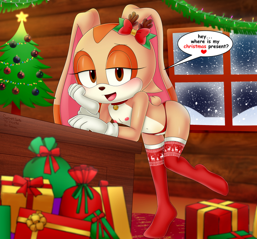 1girl 2020s 2023 absurd_res animal_ears anthro bare_hips bare_shoulders bedroom_eyes bell blush box brown_eyes christmas christmas_ornaments christmas_tree cream_the_rabbit cub desk english_text eyelashes female full_body furry furry_female gift gift_box gloves half-closed_eyes head_on_hand heart high_res hips indoors long_ears looking_at_viewer mobian_(species) navel nipples nude nude_female open_mouth rabbit_humanoid ribbon seductive sega small_breasts smile snow snowing solo sonic_(series) standing standing_on_one_leg stockings stomach tail takaneru white_gloves young