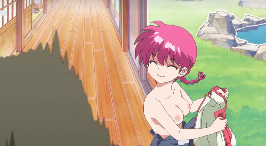 big_breasts braided_ponytail closed_eyes edit nekom14 nipples no_bra pink_hair ranko ranma-chan ranma_1/2 ranma_saotome screencap smile topless