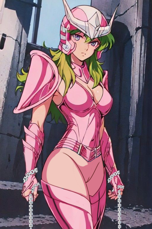 andromeda_shun armor blue_eyes bottomless chains genderswap genderswap green_hair long_hair looking_at_viewer nekom14 no_panties no_pants pink_armor pussy saint_seiya