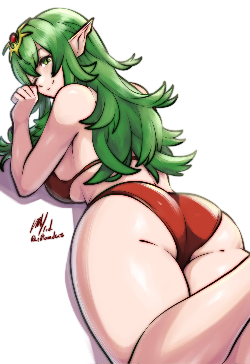 1girl alluring alternate_costume alternate_hairstyle ass big_breasts bikini closed_mouth fire_emblem fire_emblem_awakening green_eyes green_hair hair_between_eyes high_res long_hair looking_at_viewer nintendo pointy_ears ponytail red_bikini rotomdocs simple_background smile swimsuit thighs tiara tiki_(adult)_(fire_emblem) tiki_(fire_emblem) underbutt white_background