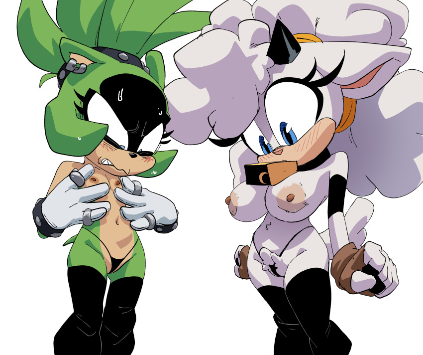 1girl 2_girls bell big_breasts big_breasts breast_envy breasts comparing_breasts coolerinker cowbell female_focus female_only flat_chested furry furry_only huge_breasts inker_comics inkershike lanolin_the_sheep nipple_piercing panties_only piercing sega sheep_girl small_breasts sonic_the_hedgehog_(comics) sonic_the_hedgehog_(idw) sonic_the_hedgehog_(series) surge_the_tenrec