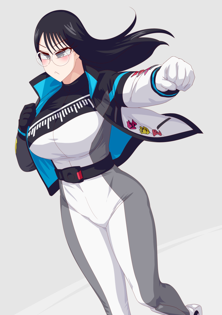 1girl alluring bakuage_sentai_boonboomger belt big_breasts black_hair bodysuit boots champion_boonboomger glasses gloves jacket otokam1117 saibu_shirabe super_sentai