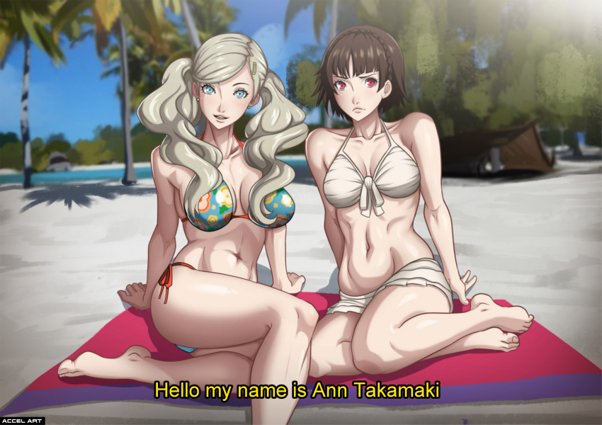 2_girls accelart alluring ann_takamaki athletic_female bare_legs barefoot beach big_breasts bikini blonde_hair blue_eyes brown_hair calf_muscles camera english_text feet female-abs female_only fit_female introduction light-skinned_female making_a_porno makoto_niijima medium_breasts medium_hair midriff multiple_girls open_mouth outside persona persona_5 recording red_eyes short_hair smile swimsuit text thick_thighs thighs twin_tails