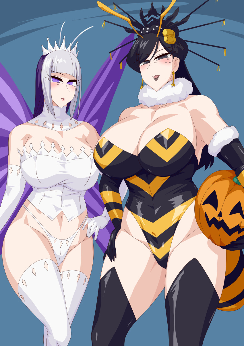 2_girls alluring bee_costume big_breasts black_hair butterfly_costume butterfly_wings cleavage grey_eyes halloween_costume holding_jack_o_lantern insect_wings iroki karras multiple_girls ohsama_sentai_king-ohger otokam1117 super_sentai white_and_purple_hair wings