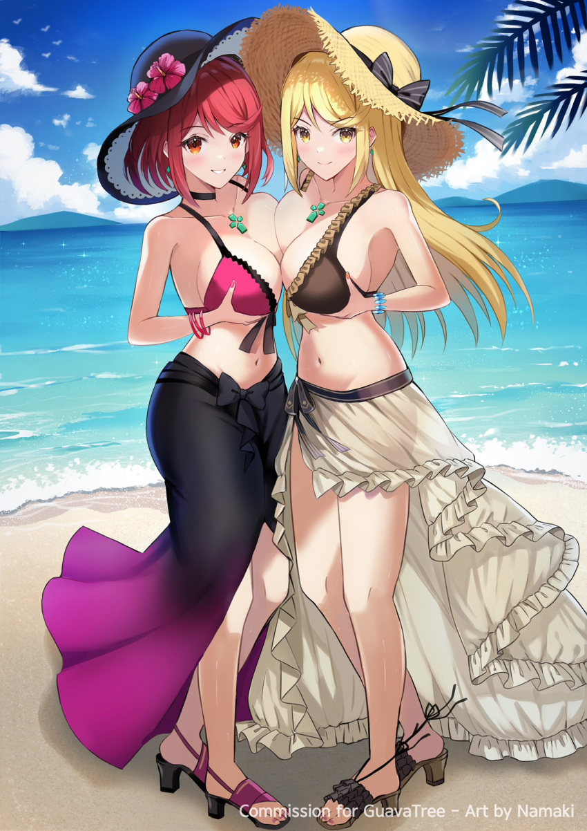 2_girls bare_shoulders beach big_breasts bikini black_bikini black_sarong blonde_hair blue_sky blush bow bracelet breast_press breasts brown_bikini brown_footwear brown_sarong chest_jewel choker cleavage closed_mouth cloud cloudy_sky collarbone commission core_crystal_(xenoblade) cosplay day dorothea_arnault_(summer)_(cosplay) earrings english_text fire_emblem fire_emblem:_three_houses fire_emblem_heroes floating_earring flower frilled_bikini frilled_footwear frilled_sarong frills full_body gem gradient_sarong hair_flower hair_ornament hat hat_flower hibiscus high_res holding horizon jewelry ki_nama long_hair looking_at_viewer mercedes_von_martritz_(summer)_(cosplay) mountain multiple_girls mythra nail_polish namakisama navel nintendo ocean off-shoulder_bikini off_shoulder official_alternate_costume open_mouth outside palm_tree pyra red_eyes red_hair sand sandals sarong shore short_hair sky smile sparkle straw_hat sun_hat swept_bangs swimsuit symmetrical_docking toeless_legwear toenail_polish toenails tree two-tone_bikini water xenoblade_(series) xenoblade_chronicles_2 yellow_eyes