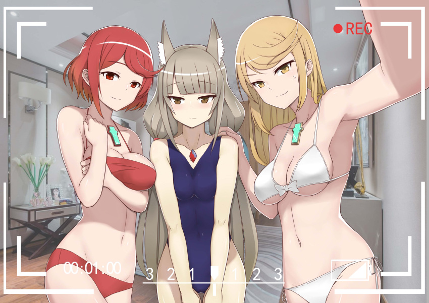 3_girls big_breasts bikini blonde_hair blue_bikini blue_one-piece_bikini bow_bikini brown_eyes camera cat_ears core_crystal grey_hair hand_on_another's_shoulder long_hair looking_at_viewer medium_breasts midriff mythra navel nia nia_(blade)_(xenoblade) nia_(xenoblade) nintendo one-piece_bikini pyra recording red_bikini red_eyes red_hair short_hair shy side-tie_bikini side-tie_swimsuit sweatdrop swimsuit twin_tails white_bikini white_swimsuit xenoblade_(series) xenoblade_chronicles_2 yellow_eyes 懒