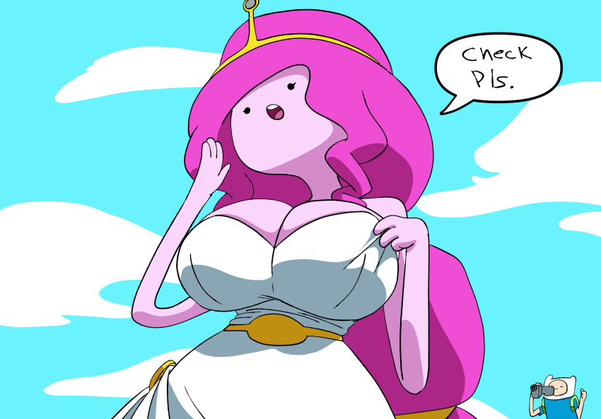 adventure_time big_breasts coolerinker crown dress finn_the_human inker_comics inkershike pink_body pink_hair princess_bubblegum speech_bubble text white_dress