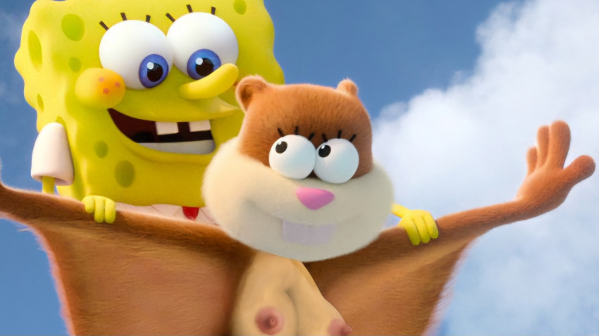 1boy 1girl 2024 accurate_art_style black_eyes blue_eyes breasts brown_fur buckteeth eyelashes flying_squirrel fur nickelodeon pink_nose red_tie sandy_cheeks saving_bikini_bottom:_the_sandy_cheeks_movie._(2024_film) screencap screenshot_edit sky smile spongebob spongebob_squarepants squirrel squirrel_tail topless white_sleeves yellow_body