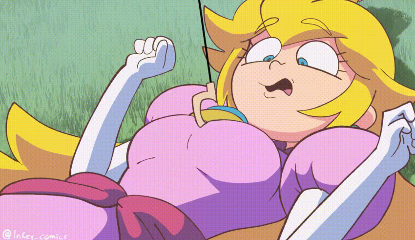 1girl 1girls big_breasts blonde_hair breasts clothing coolerinker crown female_only gif huge_breasts human inker_comics inkershike mario_(series) nintendo nipples princess princess_peach royalty tagme tits_out