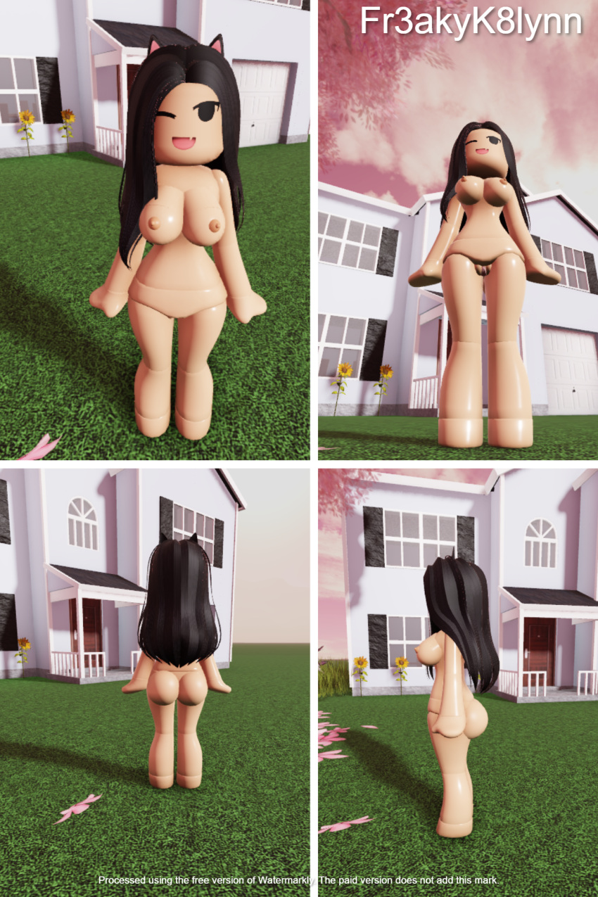 1girl ass black_eyes black_hair breasts cat_ears chibi_doll_(avatar) collage different different_angle hourglass_figure house kaitlynn_(fr3akyk8lynn) pussy pussy_lips roblox roblox_avatar roblox_studio robloxian standing tagme winking_at_viewer