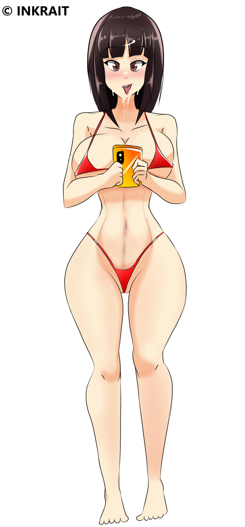 1girl audrey_(booty_calls) bikini blush booty_calls breasts cellphone commission commissioner_upload cum cum_on_face holding_object holding_phone huge_breasts inkrait_(artist) navel nutaku small_waist thick_thighs watermark white_background wide_hips