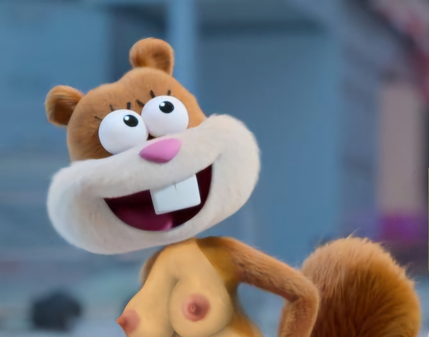 2024 accurate_art_style artist_request black_eyes blurry_background breasts brown_fur buckteeth eyelashes fur mammal nickelodeon nipples pink_nose sandy_cheeks screencap screenshot_edit smile spongebob_squarepants squirrel squirrel_tail topless