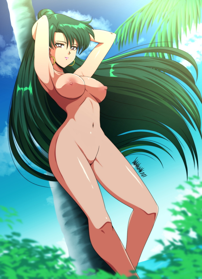 1girl alluring beach big_breasts bishoujo_senshi_sailor_moon completely_nude_female danmakuman earrings edit female_only green_hair nipples nude nudity pussy sailor_pluto setsuna_meiou