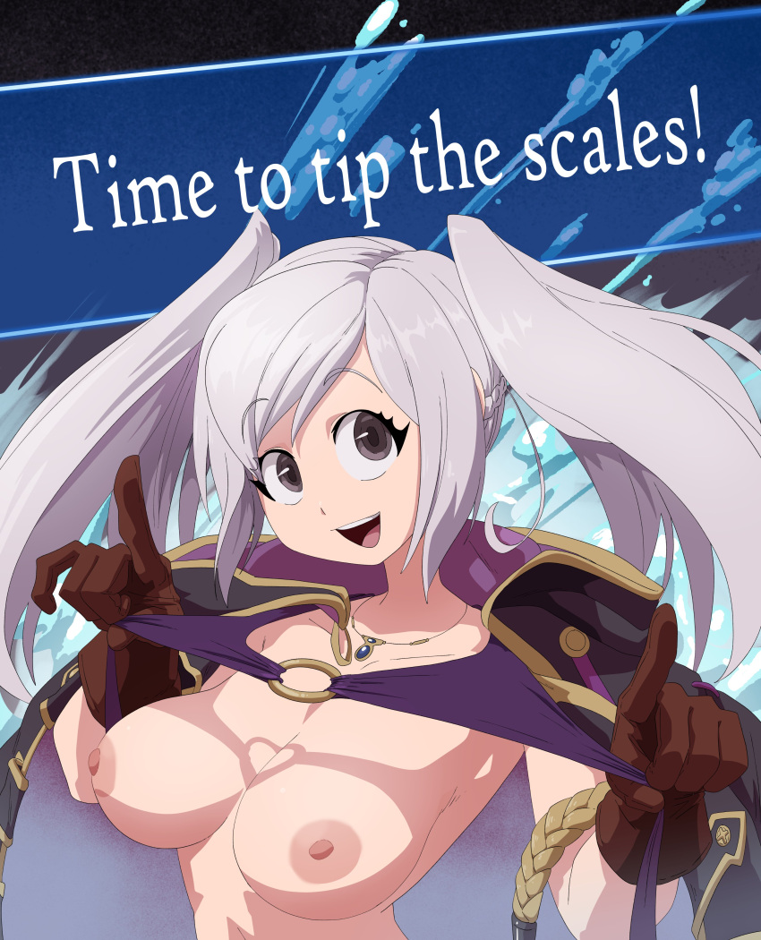 1girl alternate_costume bikini bra_lift breasts breasts_out coat coolerinker english_text female_only fire_emblem fire_emblem_awakening fire_emblem_heroes gloves inker_comics inkershike necklace nintendo nipples o-ring o-ring_bikini official_alternate_costume purple_bikini purple_swimsuit robin_(female)_(summer)_(fire_emblem) robin_(fire_emblem) robin_(fire_emblem)_(female) swimsuit text twin_tails