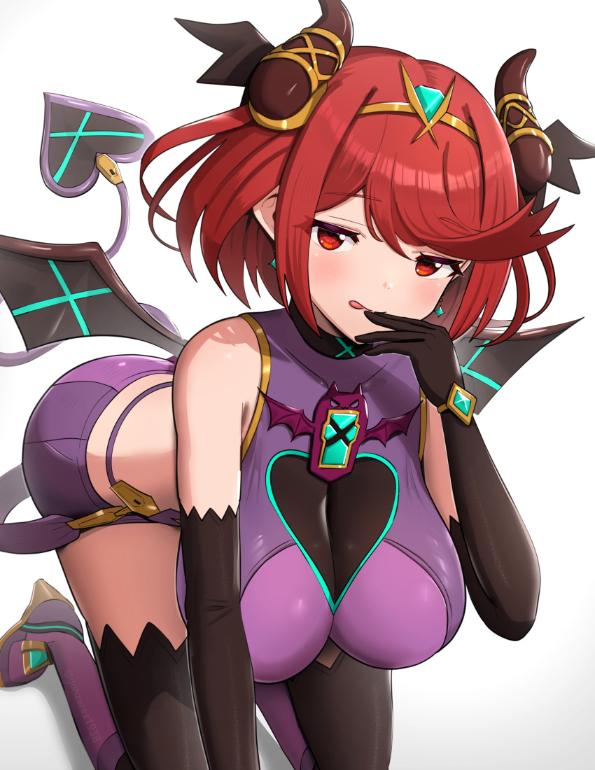 1girl 1girl alluring ass bangs big_breasts core_crystal gonzarez halloween heroine high_res horns large_ass latex leaning_forward licking_lips light-skinned_female light_skin milf naughty_face nintendo pyra red_eyes red_hair short_hair stockings succubus succubus_costume suggestive_look swept_bangs thick_thighs thighs xenoblade_(series) xenoblade_chronicles_2