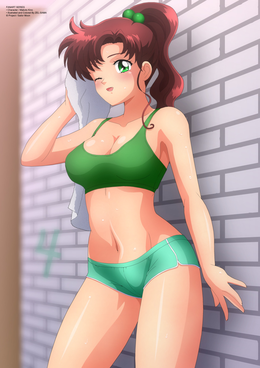 1girl after_workout alluring athletic_female big_breasts bishoujo_senshi_sailor_moon brown_hair cleavage fit_female green_eye gym_shorts makoto_kino post_workout sailor_jupiter sports_bra sweat zel-sama