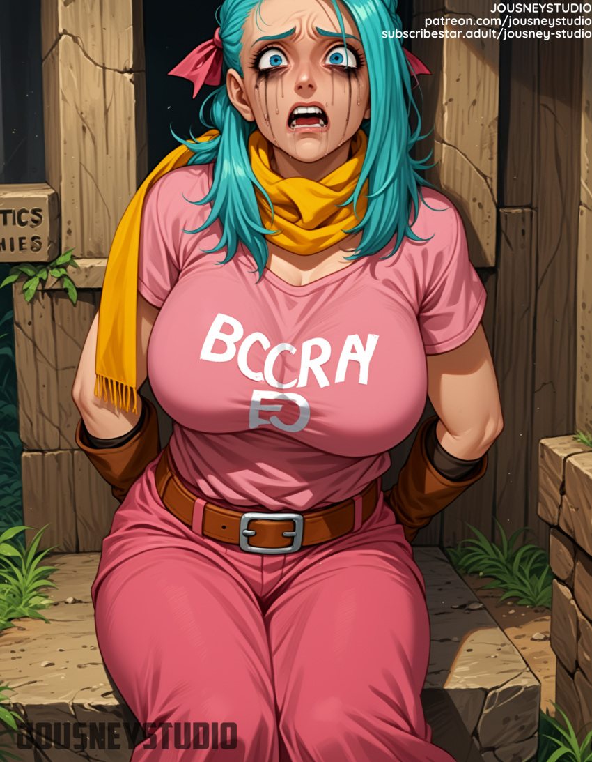 1girl 1girl 1girl ai-created ai_generated aqua_hair arms_behind_back artist_name bangs belt belt_buckle big_breasts blue_eyes blue_hair blush breasts brown_belt brown_gloves buckle bulma_brief cleavage clothing crying crying_with_eyes_open day dragon_ball dragon_ball_(classic) dragon_ball_super dragon_ball_z english_language english_text female_only gloves hair_ornament hair_ribbon indoors jousneystudio long_hair looking_at_viewer lora open_mouth outside pants patreon_username pink_shirt ribbon scarf shirt short_sleeves sitting speech_bubble tears teeth text thighs tied_hair tree