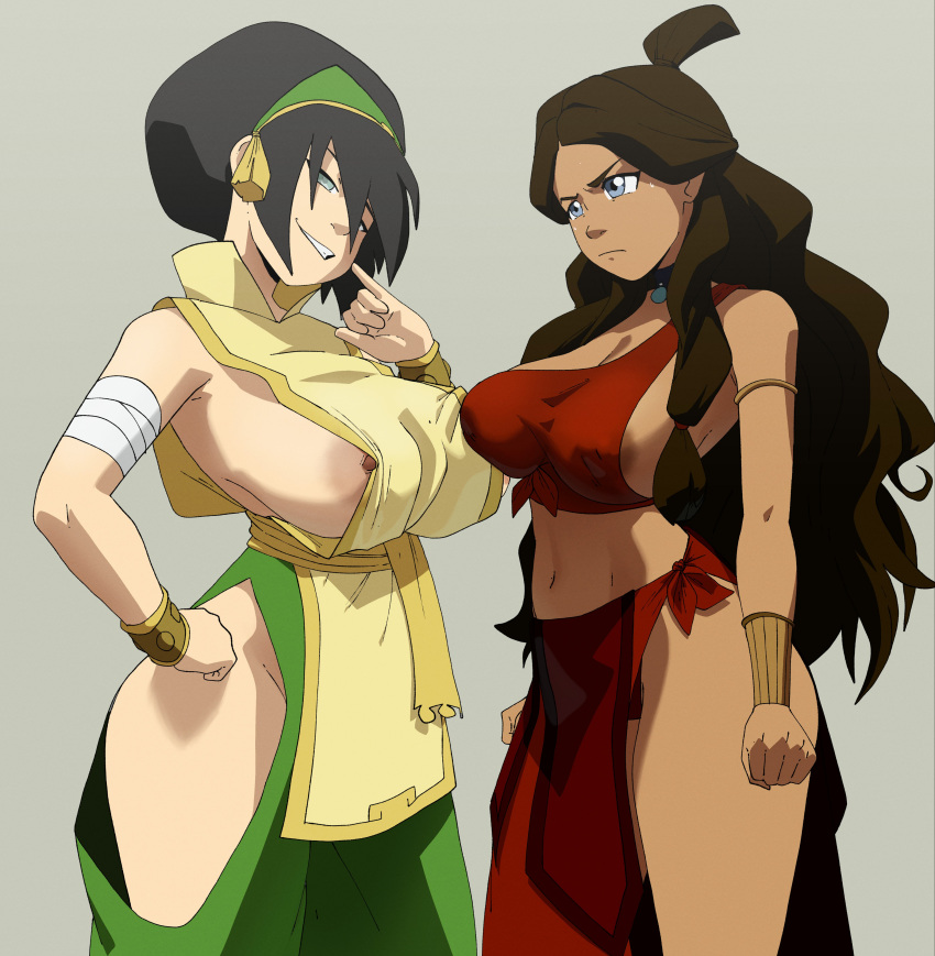 1girl 2_girls aged_up alternate_costume areola areola_slip armlet asymmetrical_docking avatar:_the_last_airbender avatar_legends bandages bangs bare_shoulders big_breasts black_hair blind blue_eyes bracelet bracer braid braided_hair breast_on_breasts breast_size_difference breast_to_breast breasts breasts_against_breasts breasts_to_breasts brown_hair chocolate_and_vanilla cleavage clothing collar coolerinker crop_top dark-skinned_female dark_skin earth_kingdom female_focus female_only fire_nation_clothing frown green_hairband grey_background grin hairband hand_on_hip headwear hip_vent hourglass_figure huge_breasts inker_comics inkershike jewelry katara light-skinned_female light_skin little_girl long_hair looking_at_viewer medium_breasts midriff muffin_top multiple_girls navel nickelodeon nipple_slip nipples no_bra pants pubic_hair short_hair simple_background smile smirk smug standing sweatdrop tan_skin teen teenage teenage_girl teenager thick_thighs thighs tied_hair toned toph_bei_fong water_tribe wavy_hair wide_hips young young_girl younger younger_female younger_girl