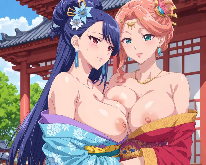 2_girls big_breasts blue_hair breast_press green_eyes gyokuyou_(kusuriya_no_hitorigoto) hair_ornament kimono kusuriya_no_hitorigoto lihua_(kusuriya_no_hitorigoto) long_hair looking_at_viewer milf nekom14 nipple_slip nipples pink_hair red_eyes