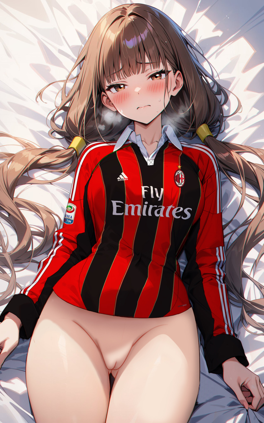 ac_milan bed bottomless brown_eyes brown_hair iino_miko kaguya-sama_wa_kokurasetai_~tensai-tachi_no_renai_zunousen~ long_hair long_sleeves looking_at_viewer low_twintails nekom14 no_panties on_bed pussy soccer_jersey