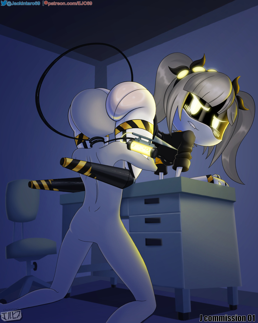 anon ass biting_lip blush choking choking_with_tail commission digital_media_(artwork) disassembly_drone eating_ass glitch_productions grey_hair j_(murder_drones) jackintaro murder_drones office ribbons robot robot_girl twin_tails uniform yellow_eyes