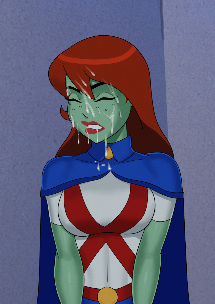 1girl big_breasts breasts comic_book_character female_focus freckles green_skin high_res long_hair martian megan_morse miss_martian orange_eyes patreon patreon_paid patreon_reward red_hair solo_female something_unlimited sunsetriders7 superheroine tagme teen