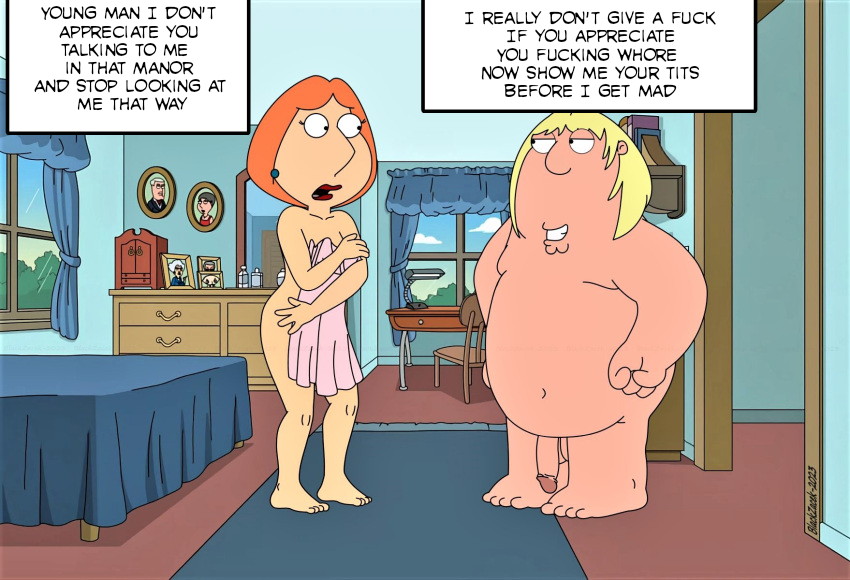big_breasts blackzacek breasts cartoon_milf chris_griffin cmdrzacek comic dialogue family_guy fat_man f****d imminent_rape incest lois_griffin mother_&amp;_son nipples pale_breasts penis pubic_hair red_hair surprised