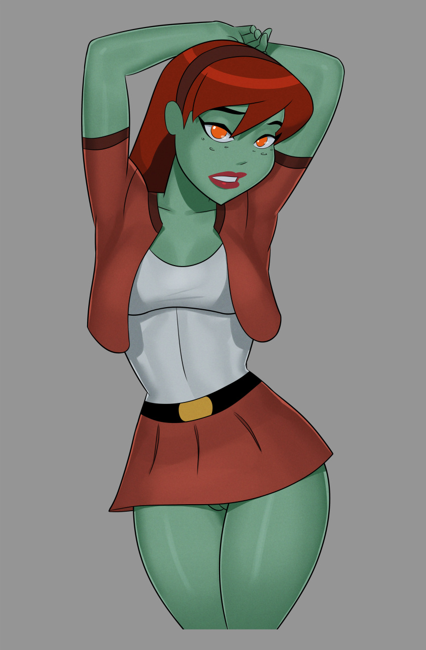 1girl big_breasts breasts comic_book_character female_focus freckles green_skin high_res long_hair martian megan_morse miss_martian orange_eyes patreon patreon_paid patreon_reward red_hair solo_female something_unlimited sunsetriders7 superheroine tagme teen