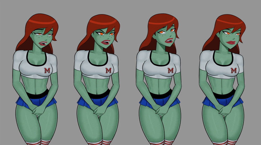 1girl big_breasts breasts comic_book_character female_focus freckles green_skin high_res long_hair martian megan_morse miss_martian orange_eyes patreon patreon_paid patreon_reward red_hair solo_female something_unlimited sunsetriders7 superheroine tagme teen