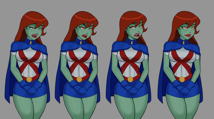 1girl big_breasts breasts comic_book_character female_focus freckles green_skin high_res long_hair martian megan_morse miss_martian orange_eyes patreon patreon_paid patreon_reward red_hair solo_female something_unlimited sunsetriders7 superheroine tagme teen