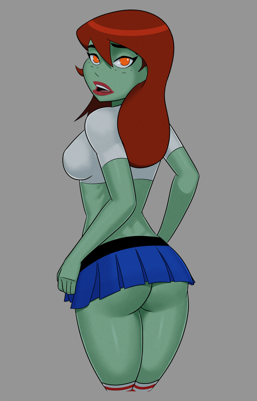 1girl big_breasts breasts comic_book_character female_focus freckles green_skin high_res long_hair martian megan_morse miss_martian orange_eyes patreon patreon_paid patreon_reward red_hair solo_female something_unlimited sunsetriders7 superheroine tagme teen