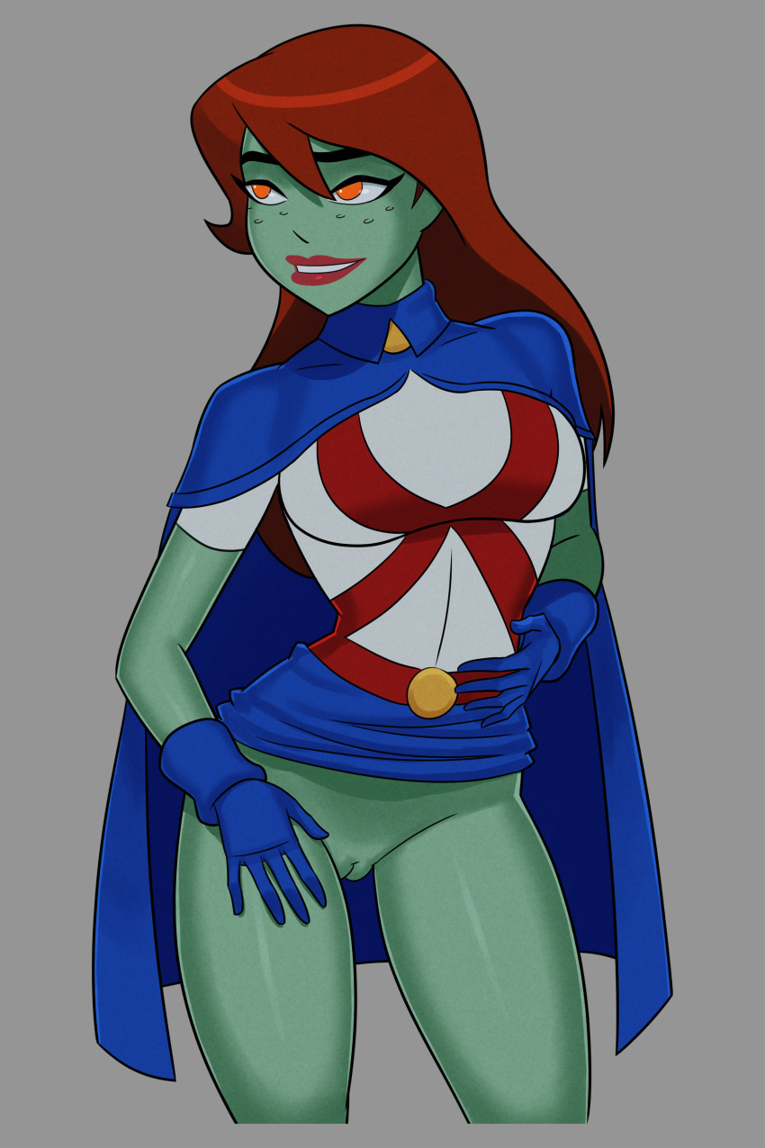 1girl big_breasts breasts comic_book_character female_focus freckles green_skin high_res long_hair martian megan_morse miss_martian orange_eyes patreon patreon_paid patreon_reward red_hair solo_female something_unlimited sunsetriders7 superheroine tagme teen