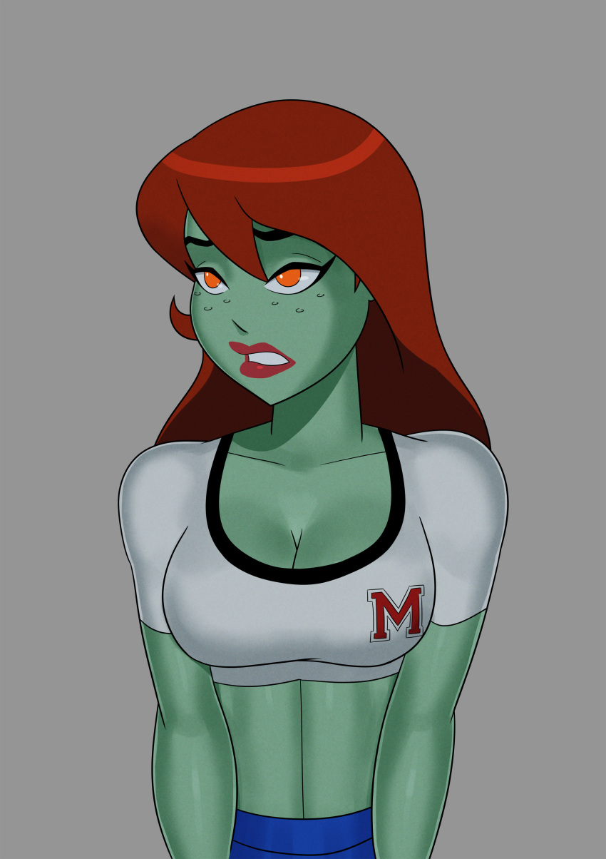 1boy 1girl big_breasts breasts comic_book_character fellatio female_focus freckles green_skin high_res long_hair male/female martian megan_morse miss_martian oral orange_eyes patreon patreon_paid patreon_reward red_hair something_unlimited sunsetriders7 superheroine tagme teen