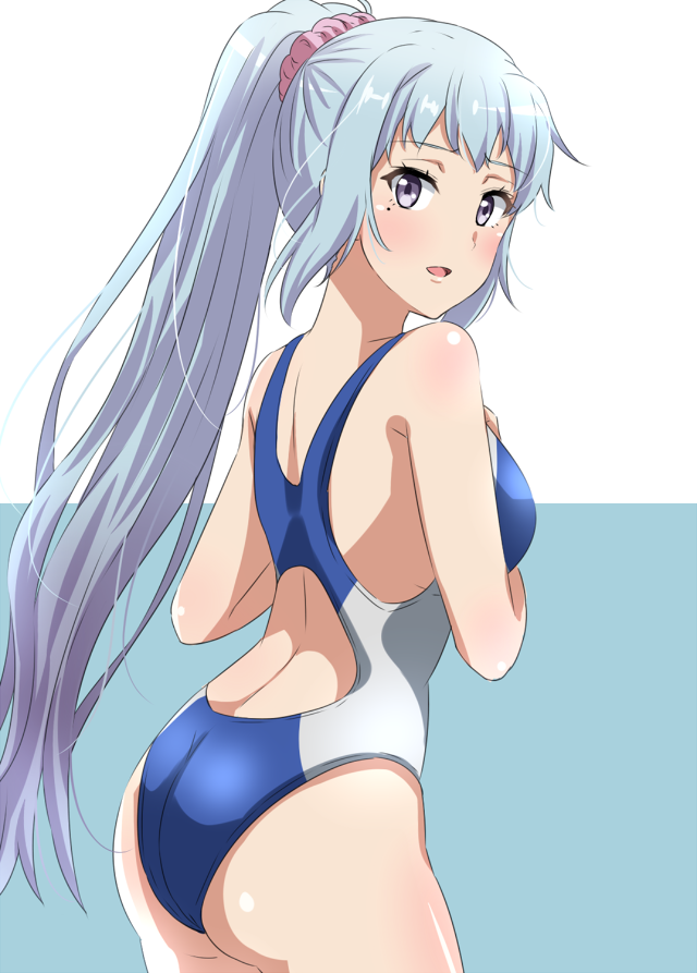 1girl 1girl 1girl alluring ass bare_shoulders blue_background blue_hair blue_one-piece_swimsuit blush breasts commentary_request cowboy_shot dars_(recolors) facing_away gradient_hair grey_eyes hand_on_own_chest hands_up high_ponytail kawasaki_saki leaning_forward long_hair looking_at_viewer looking_back medium_breasts mole mole_under_eye multicolored_hair my_teen_romantic_comedy_snafu one-piece_swimsuit open_mouth pink_scrunchie ponytail scrunchie sidelocks simple_background smile standing swimsuit two-tone_background very_long_hair white_background yahari_ore_no_seishun_lovecome_wa_machigatteiru.