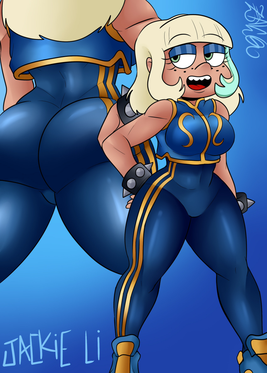1girl 2023 asian ass athletic athletic_female big_ass big_breasts blonde blonde_hair blue_background blue_bodysuit blue_clothes blue_clothing blue_eyeshadow bodysuit booty bottom_heavy bracelet bracelets breasts capcom caucasian caucasian_female child_bearing_hips chinese chinese_clothes chun-li chun-li_(cosplay) clothed clothes clothing cosplay covered_breasts crossover crossover_cosplay curvaceous curvy curvy_body curvy_female curvy_figure dat_ass disney disney_channel disney_xd eyeshadow fat_ass female_only fighter fit fit_female fitness freckles green_eyes jackie_lynn_thomas light-skinned_female light_skin mature mature_female pawg pear_shaped pear_shaped_female phat_ass short_hair skin_tight skintight_bodysuit star_vs_the_forces_of_evil street_fighter street_fighter_alpha street_fighter_alpha_2 street_fighter_alpha_3 tan tanned tanned_female tanned_skin thick_ass thick_thighs thighs thunder_thighs tomboy top_heavy two_tone_hair unitard vest video_games voluptuous wide_hips wristband wristbands zaicomaster14